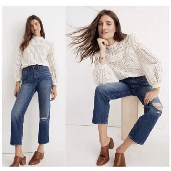 MADEWELL Women’s Mock Neck Ruffle Top in Flocked Dot White Black Polka Dot Sz S - Picture 2 of 11